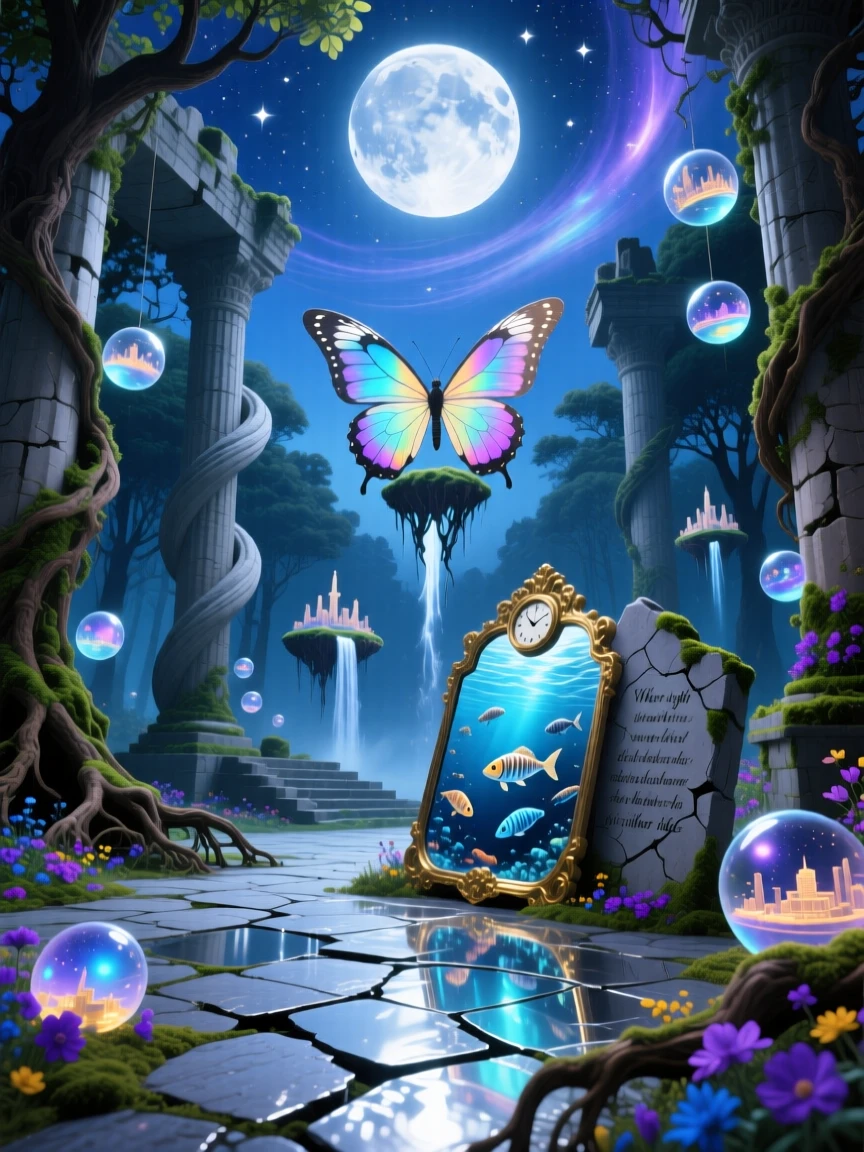 An ancient ruin where moonlight pools like liquid silver on the floor rests peacefully, reclaimed slowly by the surrounding forest, as moss and wildflowers creep gently across old stone.