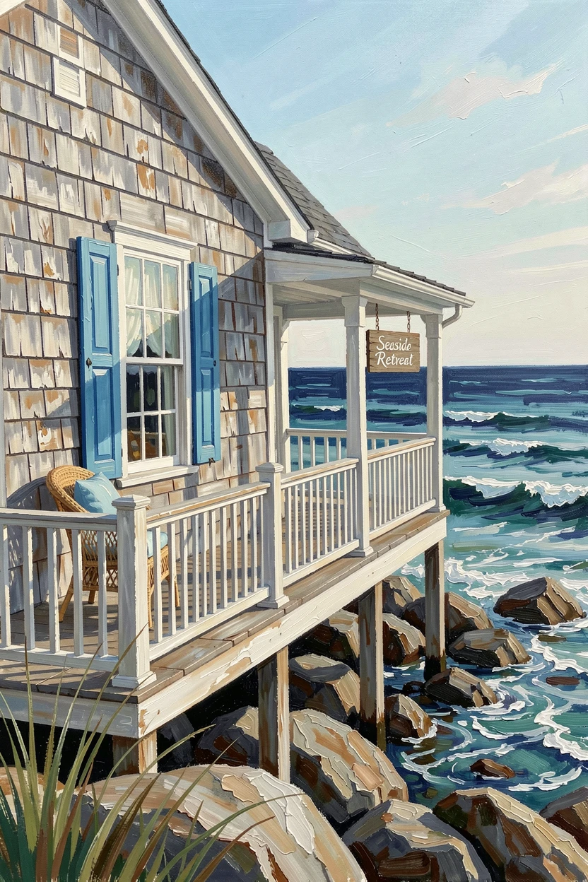 A charming New England beach cottage shows weathered shingles, blue shutters, and a wraparound porch overlooking a rocky coastline, the atmosphere feeling both timeless and quietly alive with the rhythms of daily life.
