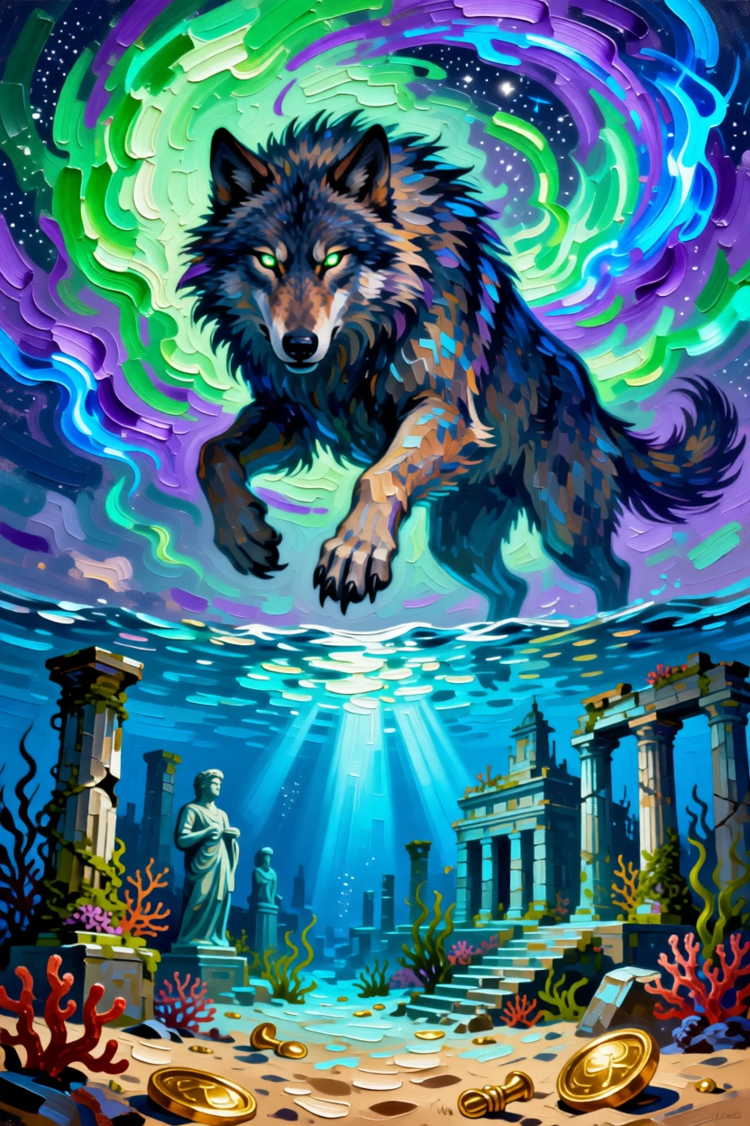 a titan wolf wreathed in aurora light soaring above an ancient sunken city