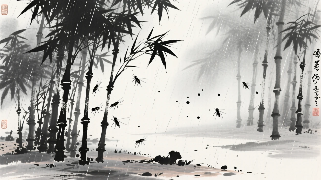 Cicadas fill the air with sound in a shaded bamboo grove, with mist rising after a sudden afternoon shower.