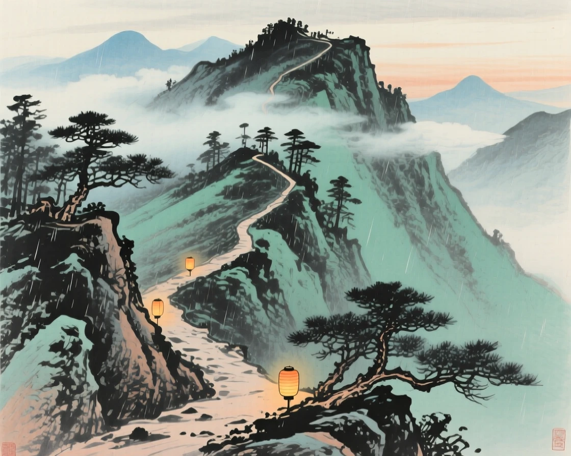 A steep mountain trail leading toward a distant summit, as lanterns are lit for the evening, evoking a sense of quiet solitude, in a gentle drizzle.
