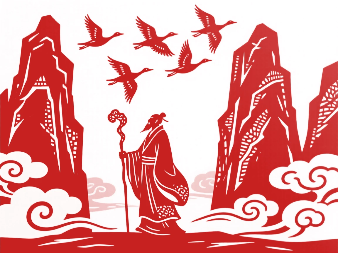 A composition of a scholar with a walking staff beneath towering karst peaks, wild geese flying in formation overhead.
