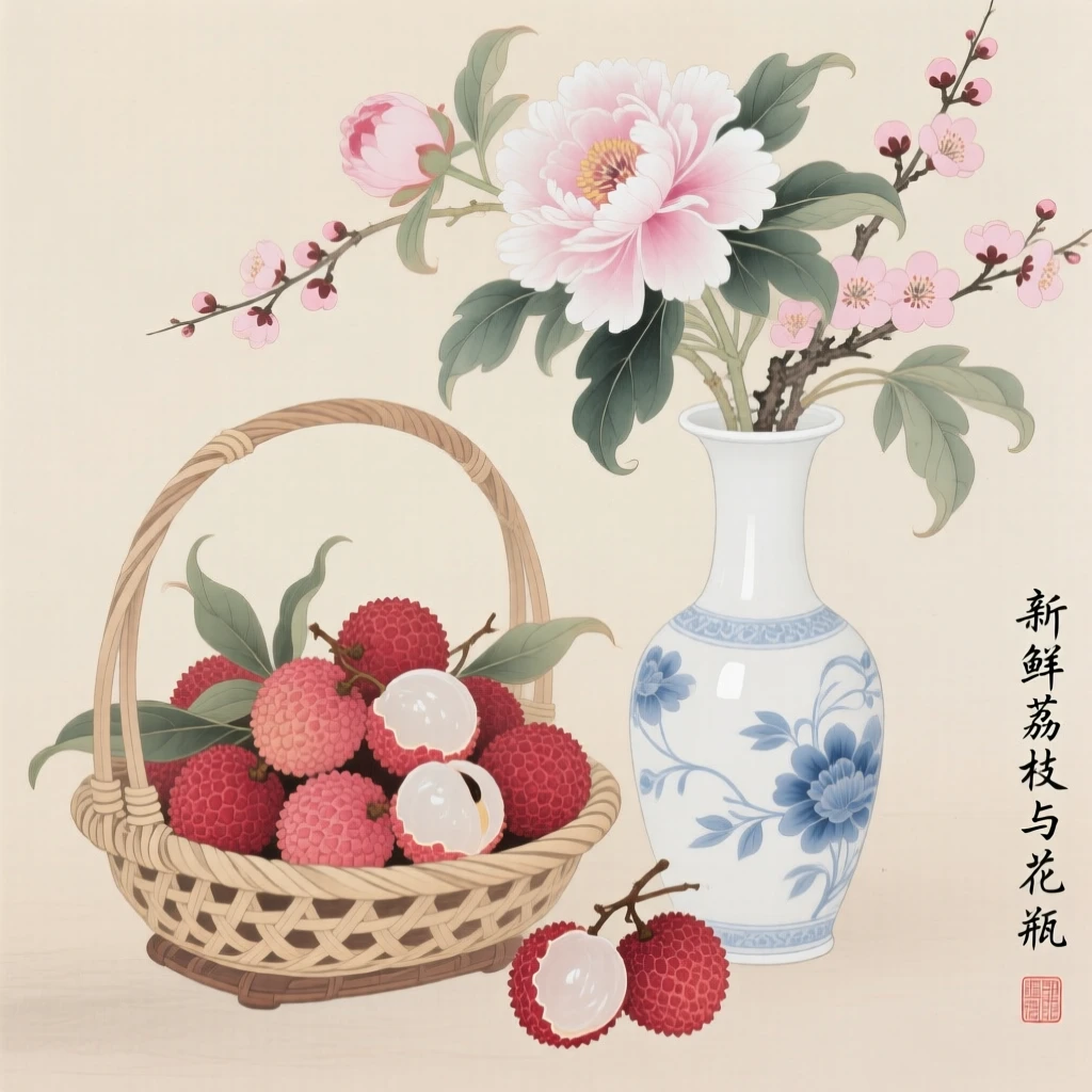 A basket of freshly picked lychees beside a vase of freshly cut flowers