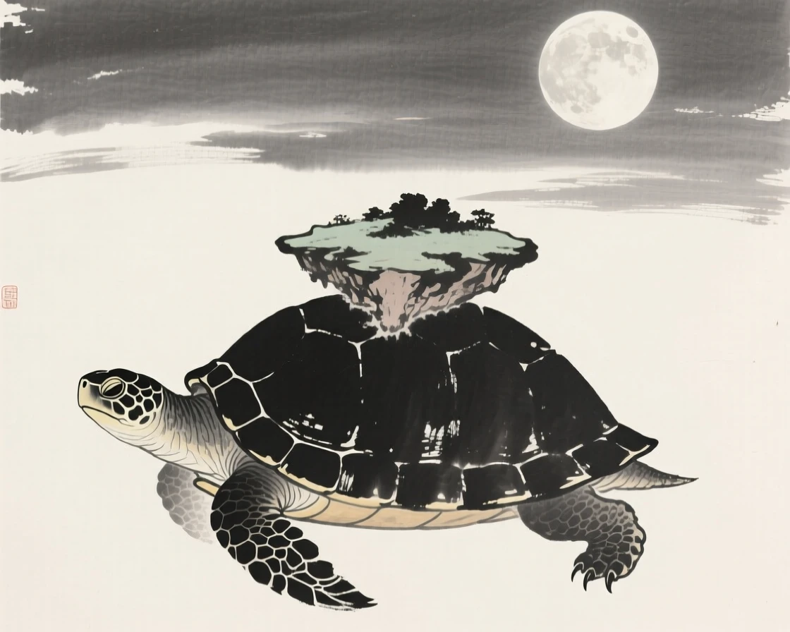 A turtle carrying a small floating island on its back beneath the glow of a full harvest moon, framed to emphasize scale against a vast open sky, suggesting ancient legend brought gently to life.