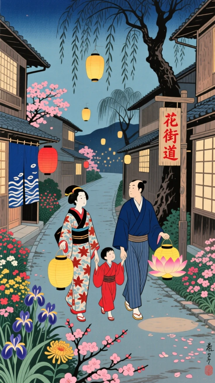 A family with floating lanterns moving through a flower-lined village street.