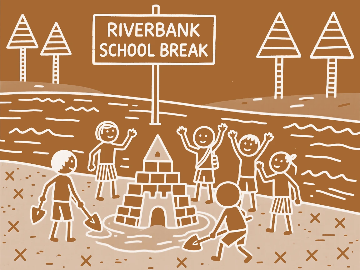 A group of children on a school break building a small sandcastle by a riverbank.