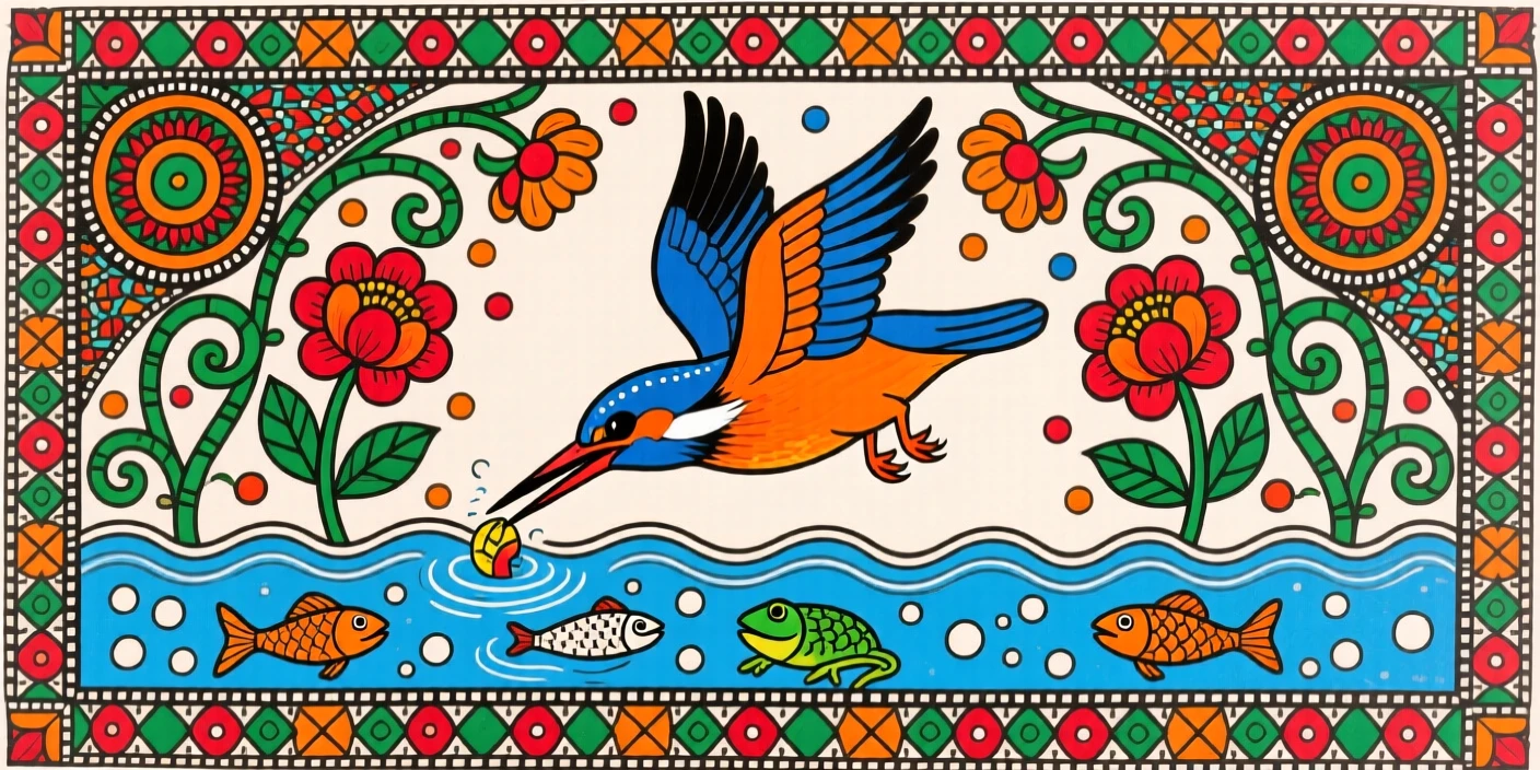 A kingfisher diving swiftly into a clear stream for its catch.