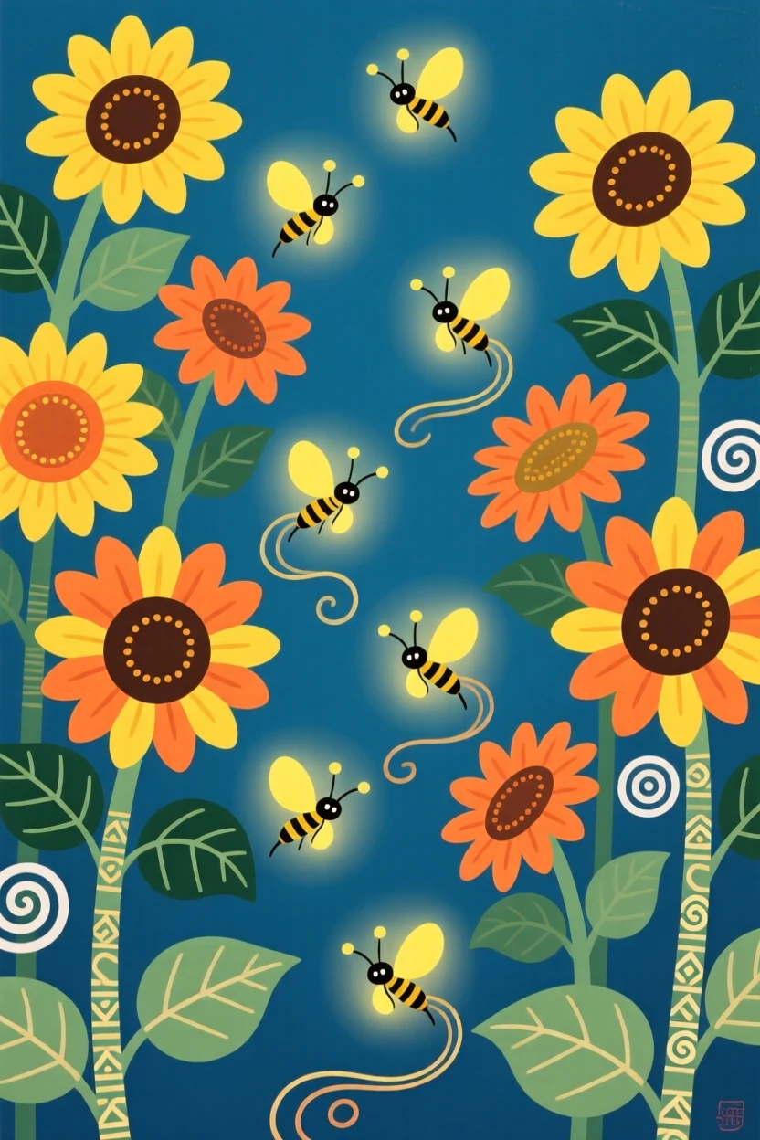 A cluster of fireflies flitting between rows of sunflowers.