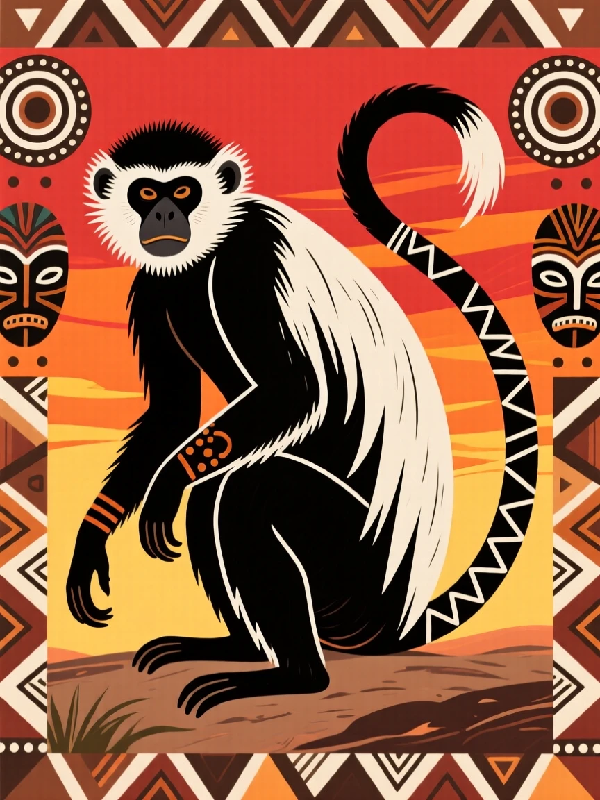 A colobus monkey framed by a fiery sunset sky.