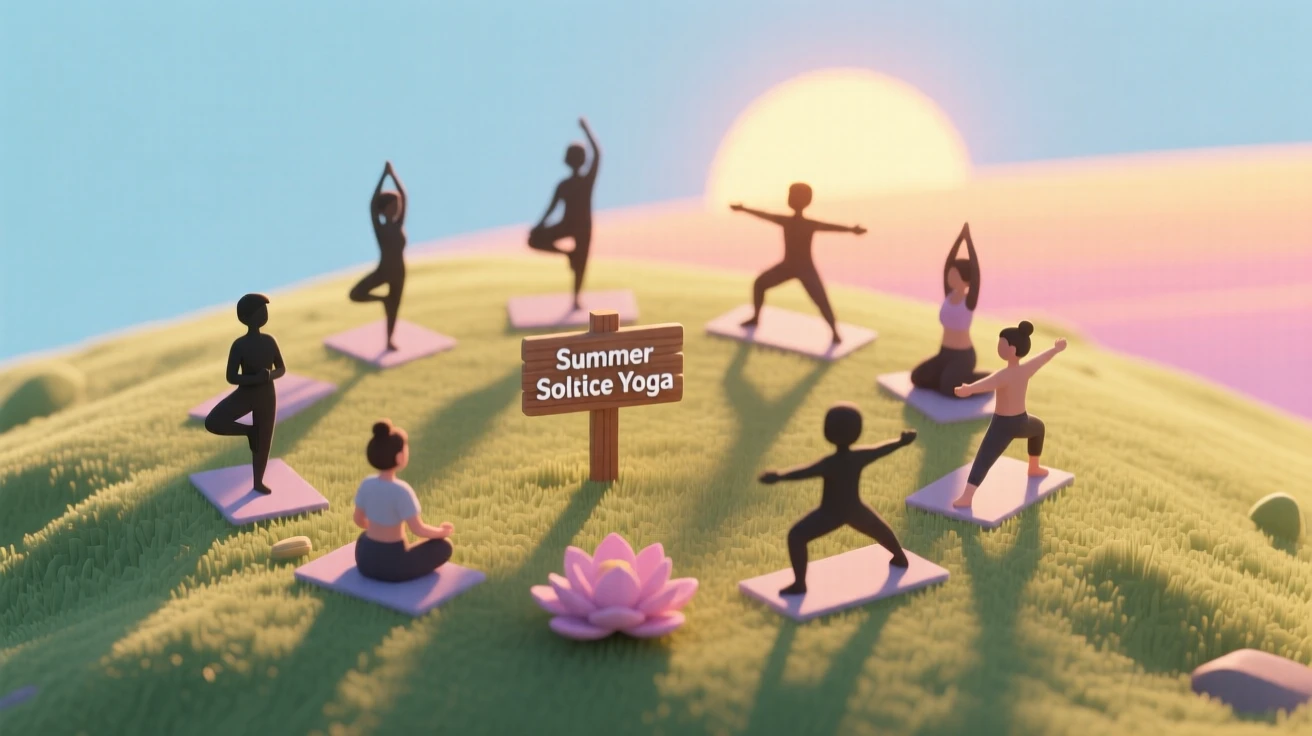 A summer solstice yoga gathering on a hilltop at sunrise, participants in silhouette against the glowing horizon.