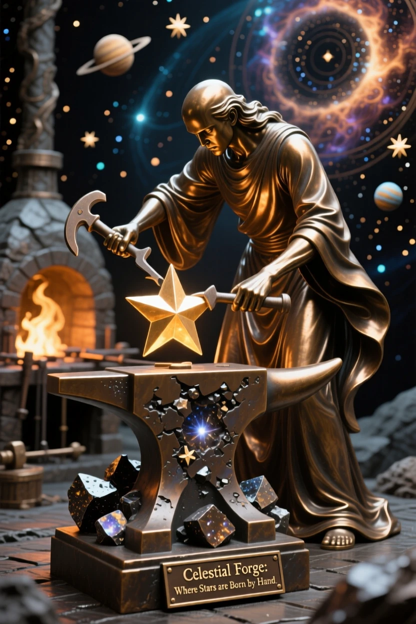 A celestial forge where stars are shaped by hand, capturing a powerful sense of mystery and magic, transporting the viewer to another world