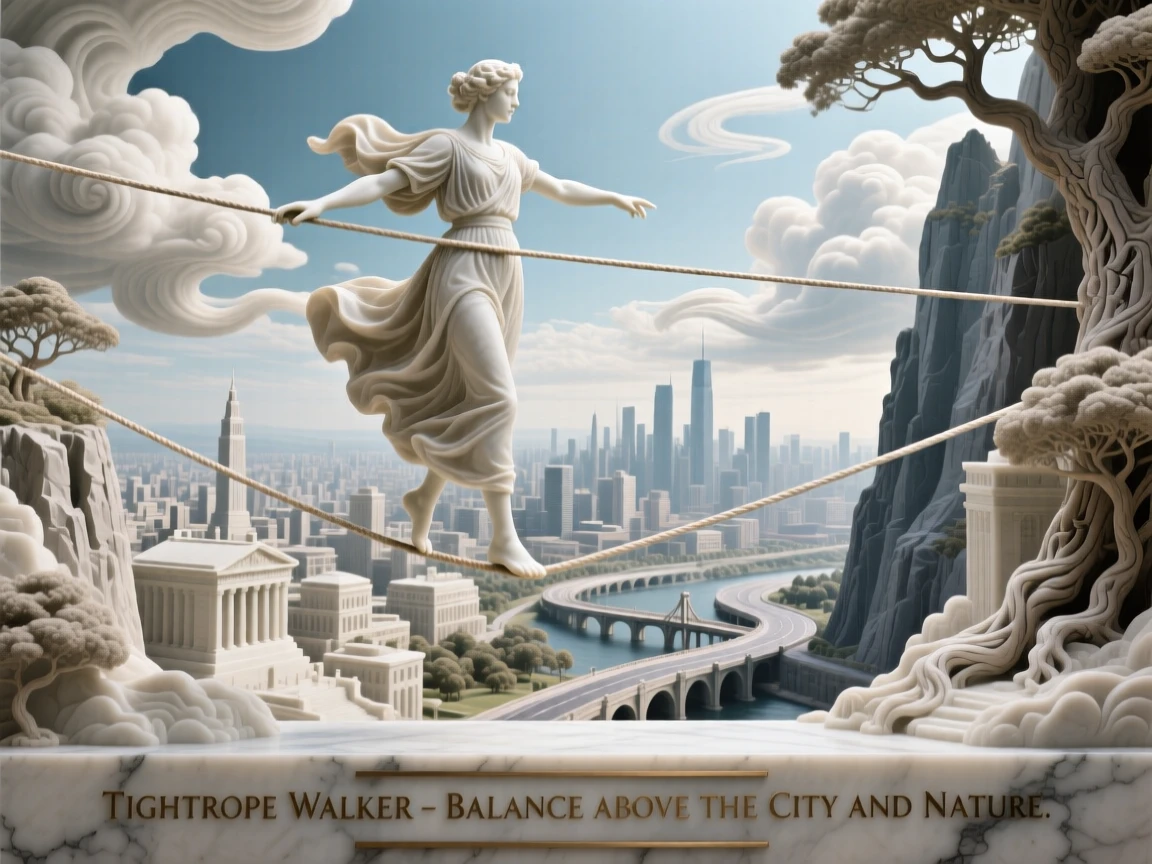 A vivid, emotionally rich scene of a tightrope walker balanced high above a city, framed by dramatic natural scenery, designed to captivate and inspire