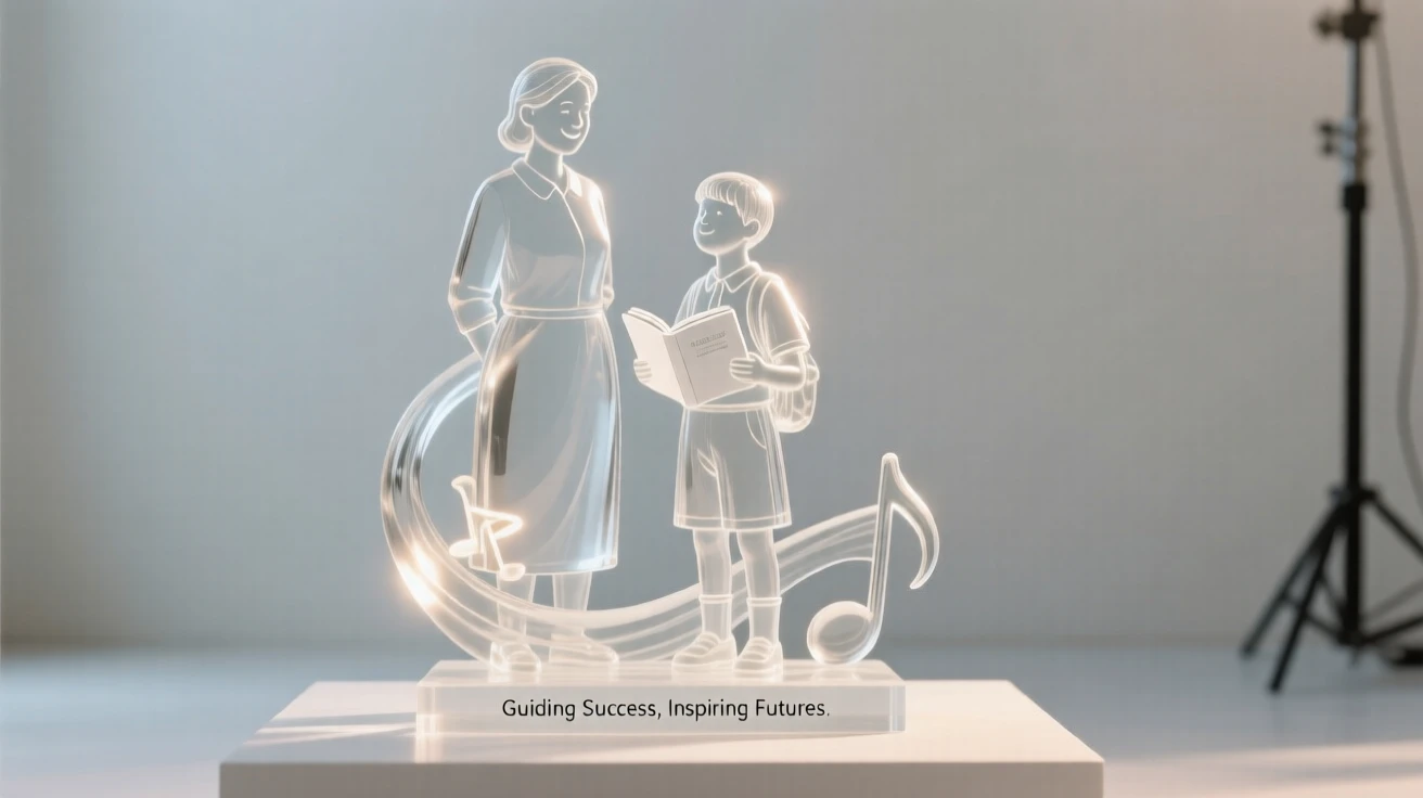 A teacher watching proudly as a student succeeds, with distant music drifting faintly through the air