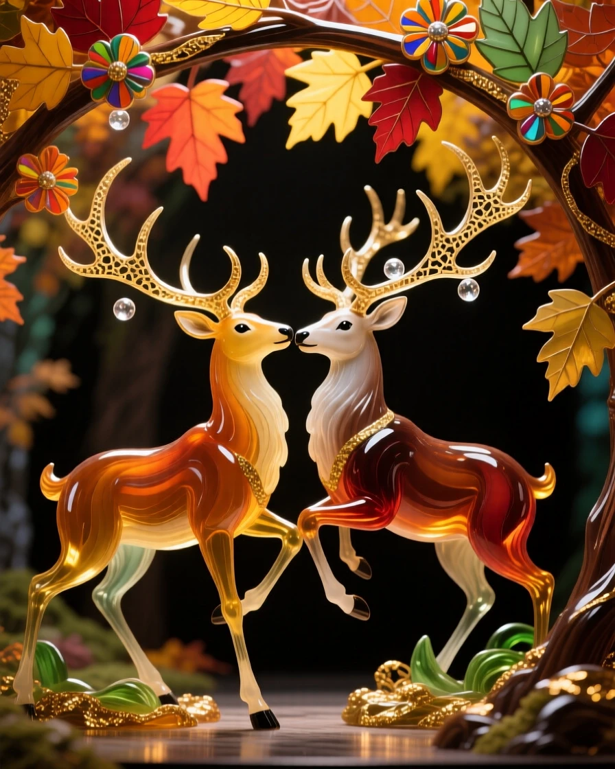 A pair of majestic elk locking antlers beneath an autumn canopy, powerful and dynamic.
