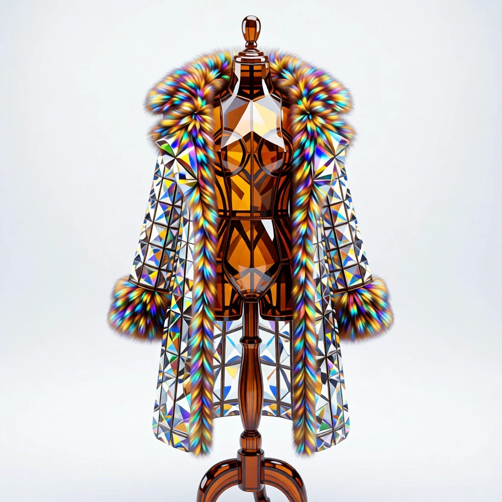 A luxurious fur-trimmed coat draped over an antique wooden mannequin.