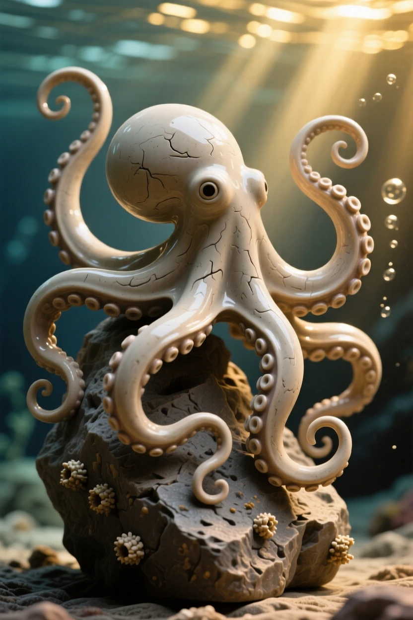 A octopus curling its tentacles around a rock caught in a burst of playful motion, with sunlight filtering down in golden shafts, stirring wonder at the mysteries of the deep.