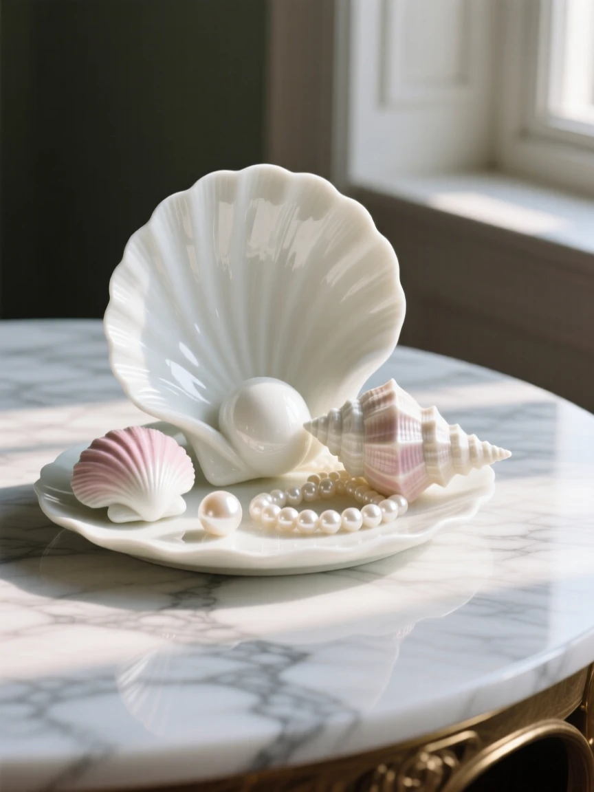 A refined still-life arrangement of seashells and pearls on a marble tabletop, soft window light falling across the scene.