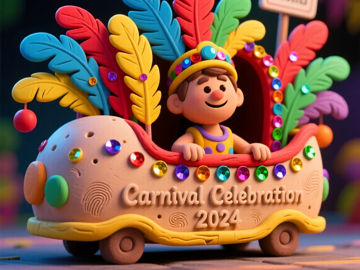 A colorful Carnival parade float covered in feathers and sequins