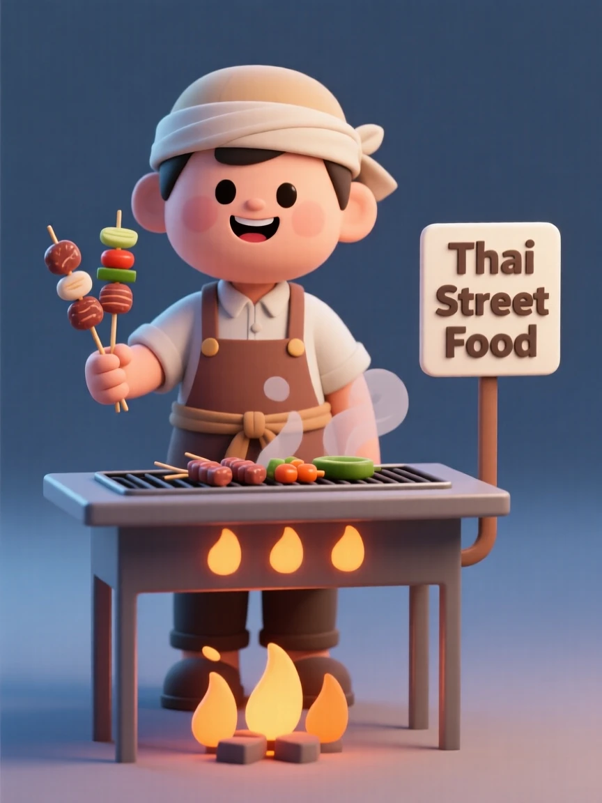 A cheerful Thai street vendor grills skewers of food over glowing coals, steam rising into humid evening air.
