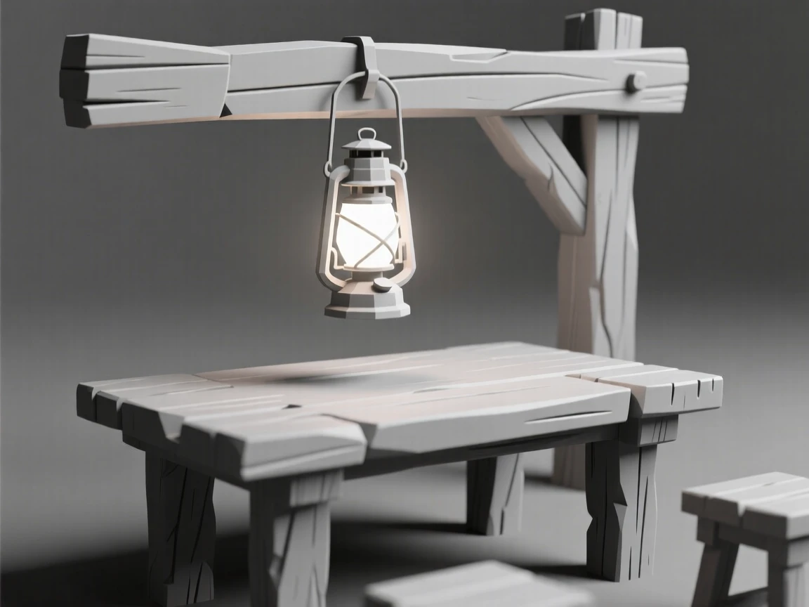 A glowing lantern hanging from a rustic beam, on a weathered wooden table. fine textures and material details are clearly visible. It evokes a feeling of gentle nostalgia.