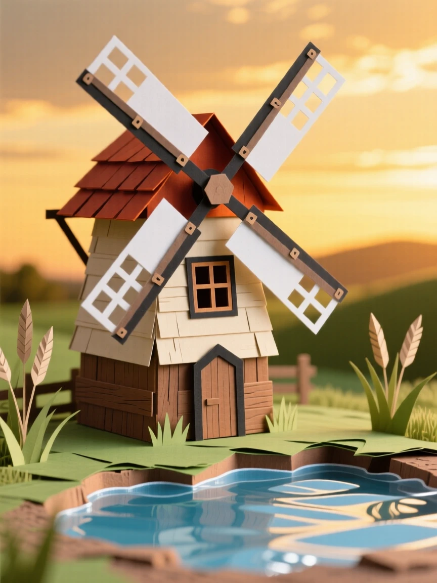 A rustic countryside windmill bathed in golden late-afternoon light, with reflections shimmering on a nearby pool, capturing a sense of awe and craftsmanship.
