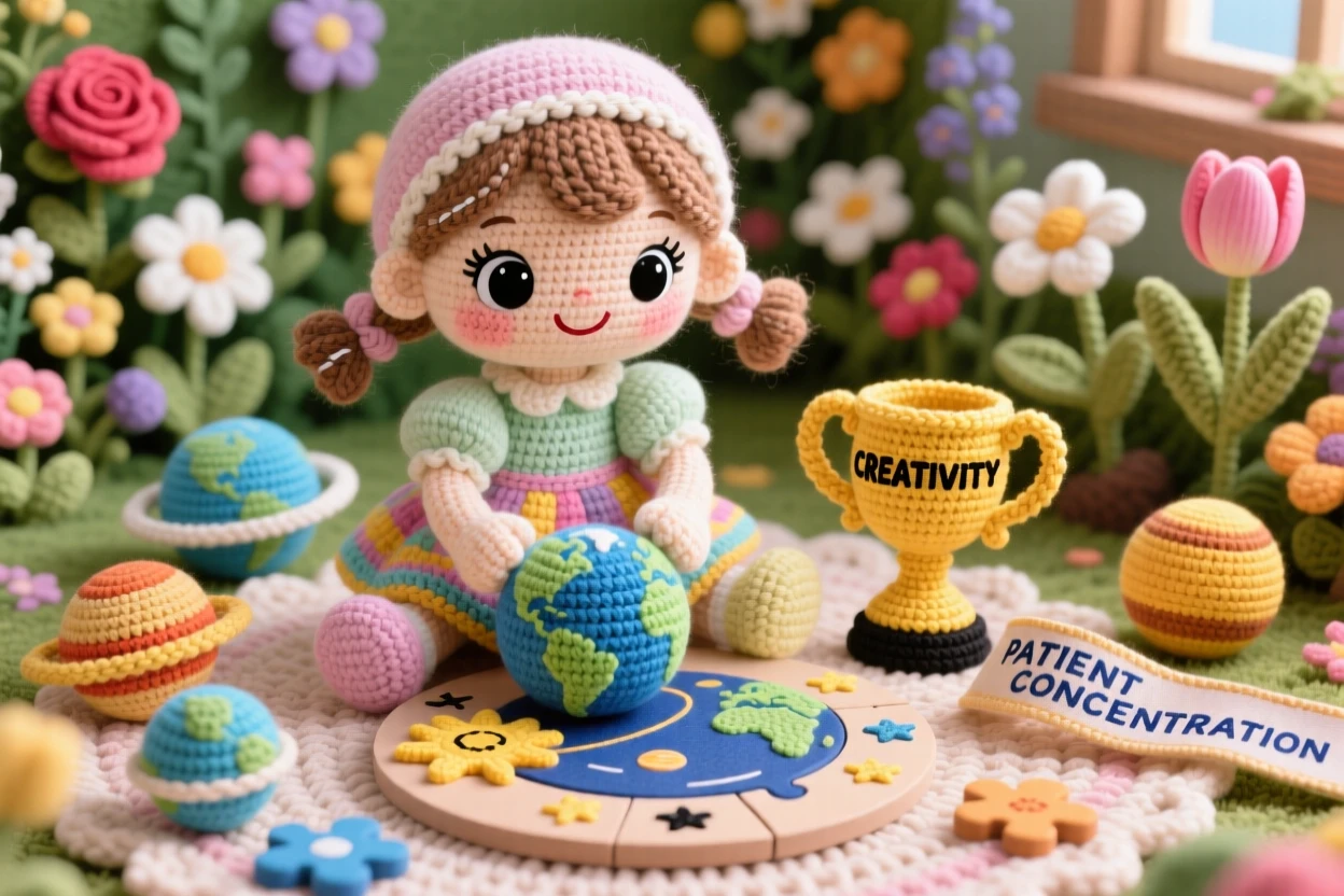 A cheerful scene of a little girl doing a puzzle of the solar system with pieces spread across the floor, placing the final planet piece within a home garden bursting with blooms; a small trophy or ribbon nearby nearby, full of patient concentration and creative satisfaction.