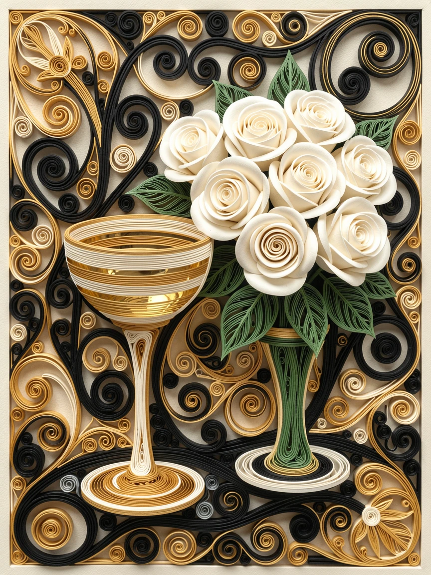 a champagne coupe beside a bouquet of white roses, in a chic Parisian apartment, arranged with elegant symmetry and balance, in a rich palette of black, gold, and ivory.
