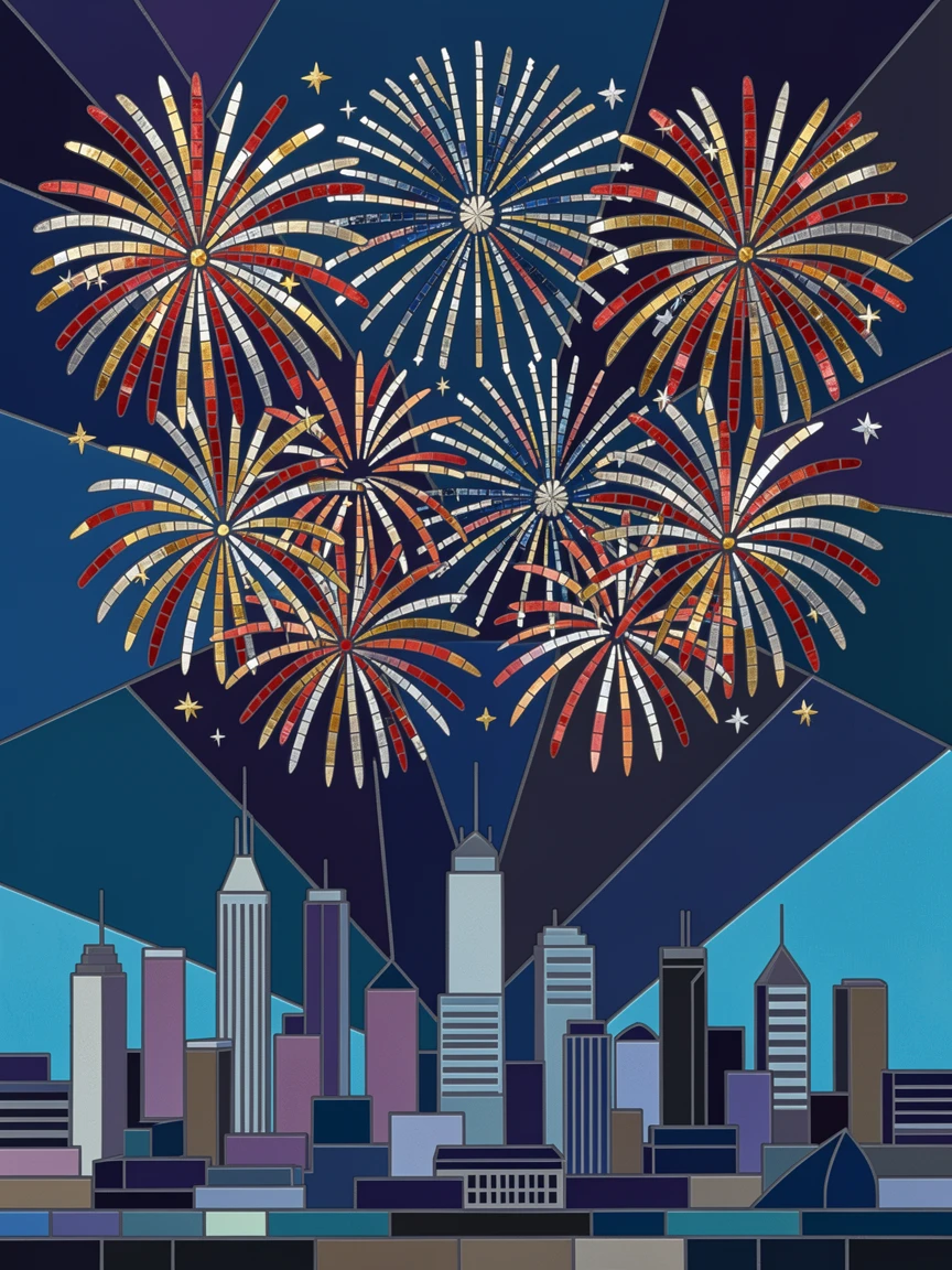 A New Year's Eve fireworks display bursting over a city skyline.