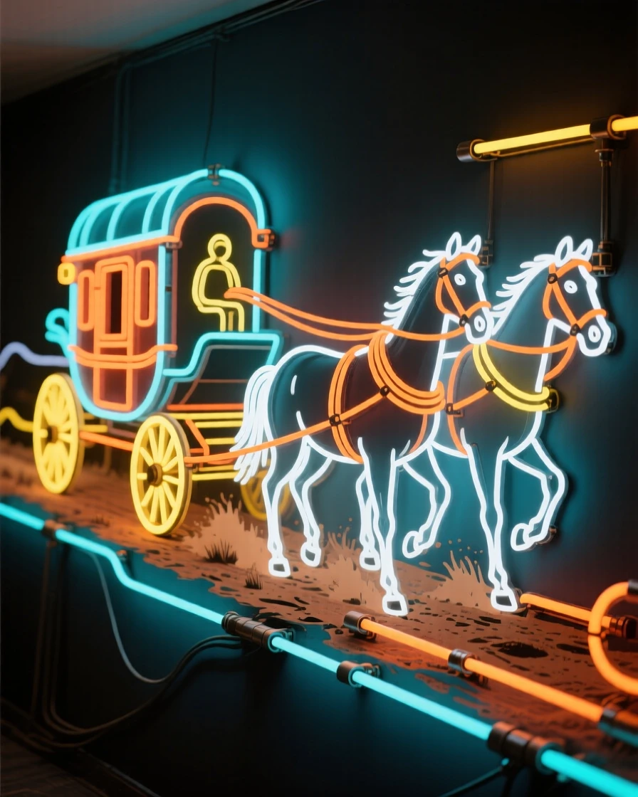 A stagecoach pulled by four horses along a dusty frontier road.