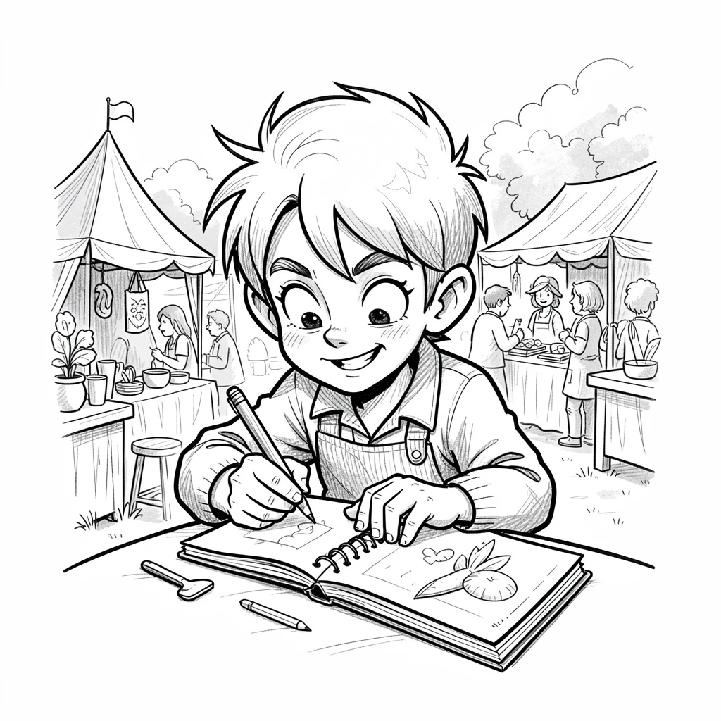 A young artist sketching in a notebook at a countryside craft fair.