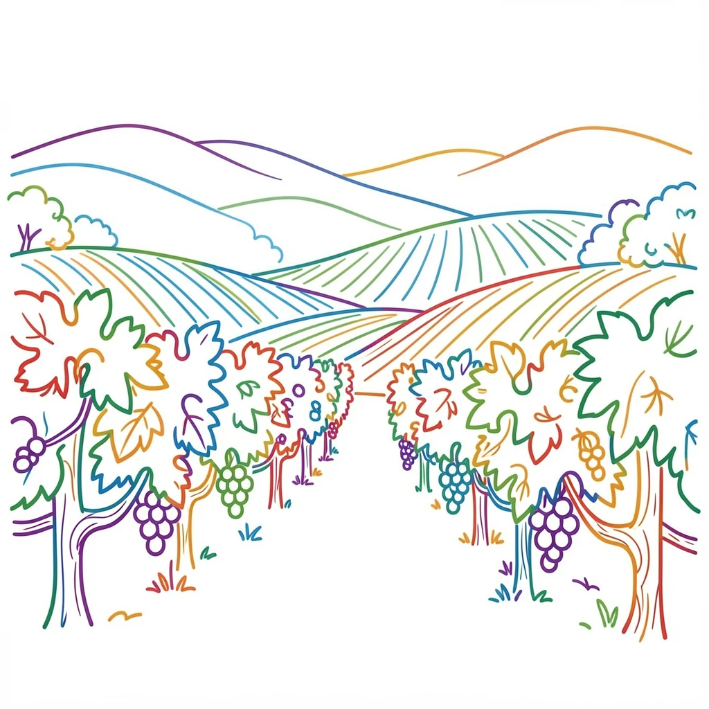 A quiet vineyard with rows of grapevines stretching toward distant hills.