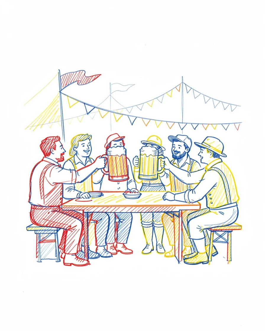 A festive Oktoberfest gathering with steins raised in a toast