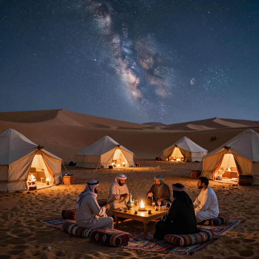 A traditional Bedouin camp glowing under a desert night sky
