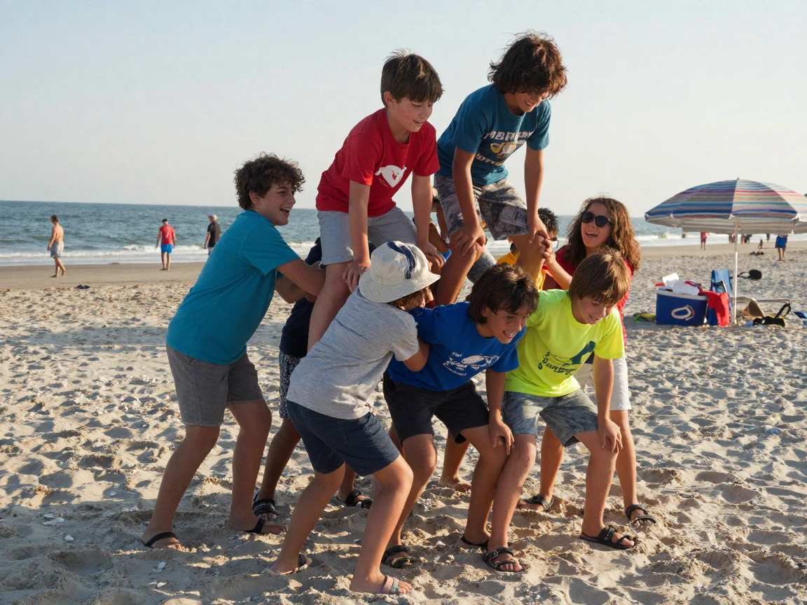 A group of kids attempts a wobbly human pyramid on a sandy beach.