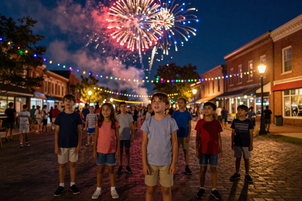 A group of children watching fireworks burst over the town square beneath strings of colorful festival lights
