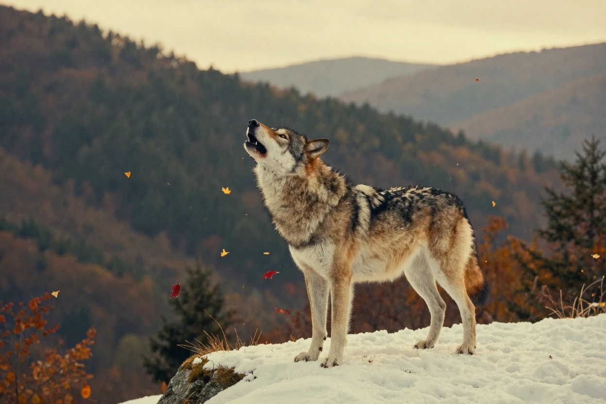 A lone wolf howling atop a snowy ridge, under soft golden-hour light, with a soft breeze stirring the air, as autumn leaves turn gold and red, with deep emerald greens and browns, from a three-quarter angle.