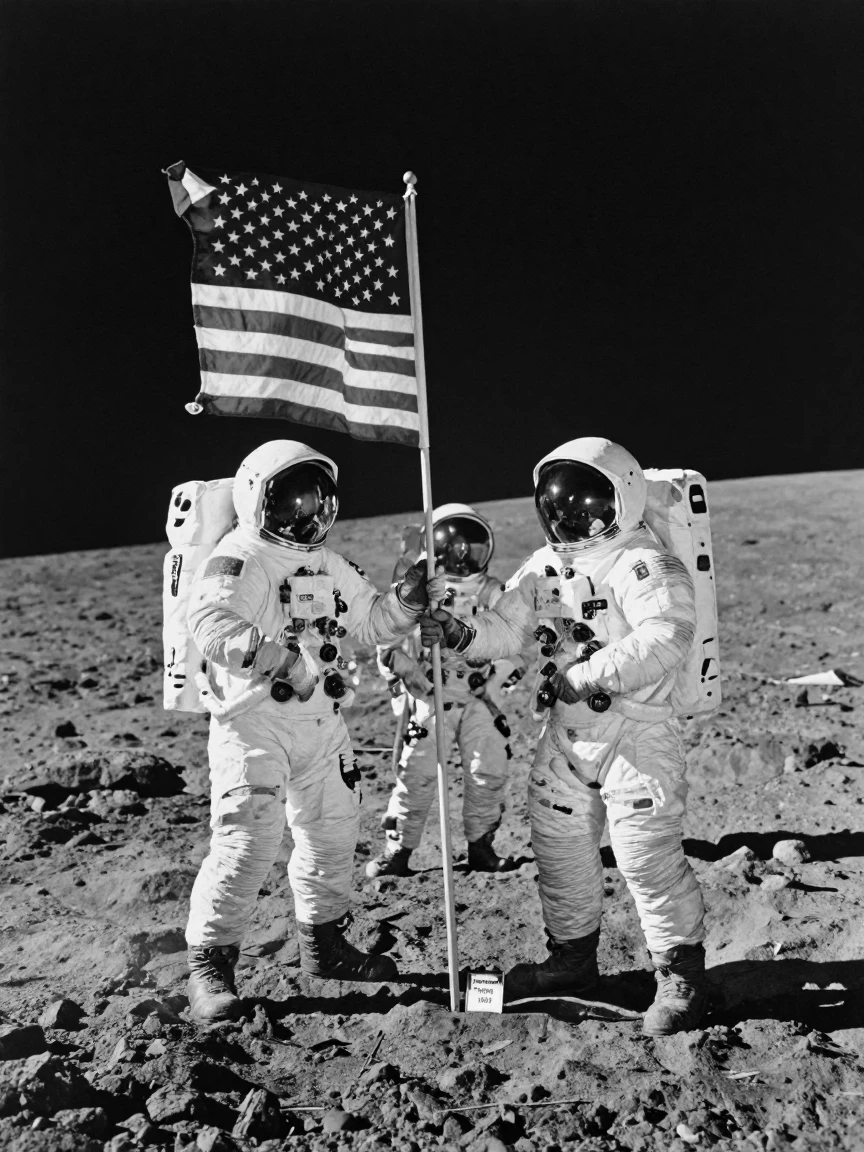 A team of early astronauts plants a flag on new terrain on unfamiliar new terrain.