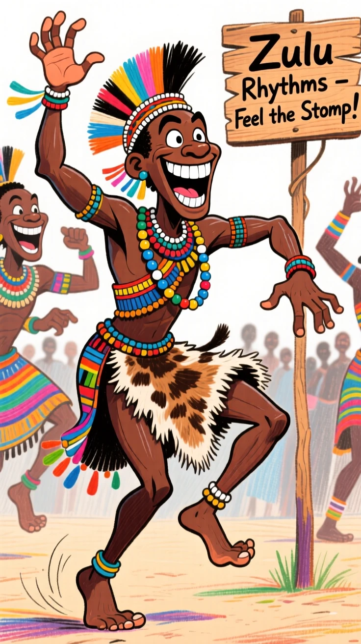 Traditional Zulu dancers performing a powerful rhythmic stomp dance.
