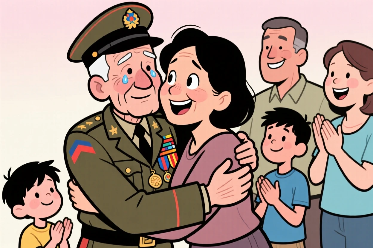 A heartwarming moment depicting an elderly veteran sharing an unexpected, tender embrace, surrounded by loved ones cheering quietly.