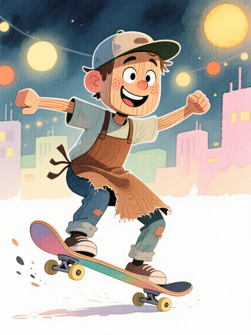 A woodworker landing a trick under city lights