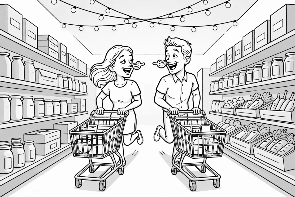 A couple racing each other down a grocery aisle with carts, getting frosting smeared playfully across each other's noses, set in a bright, busy supermarket aisle. String lights sway gently overhead. It captures romance in its most playful, everyday form.