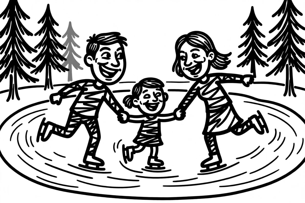 A family ice skating together on a frozen pond ringed by pine trees.