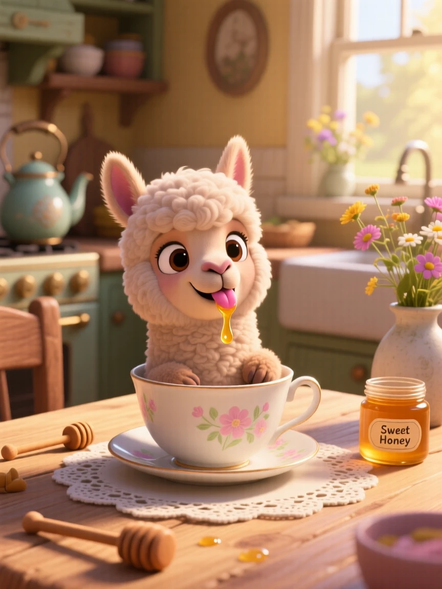 A fluffy alpaca is tucked into a teacup on a kitchen table, licking a drop of honey off its nose. A quiet, comforting sweetness surrounds the scene, with a faint smile-like expression.