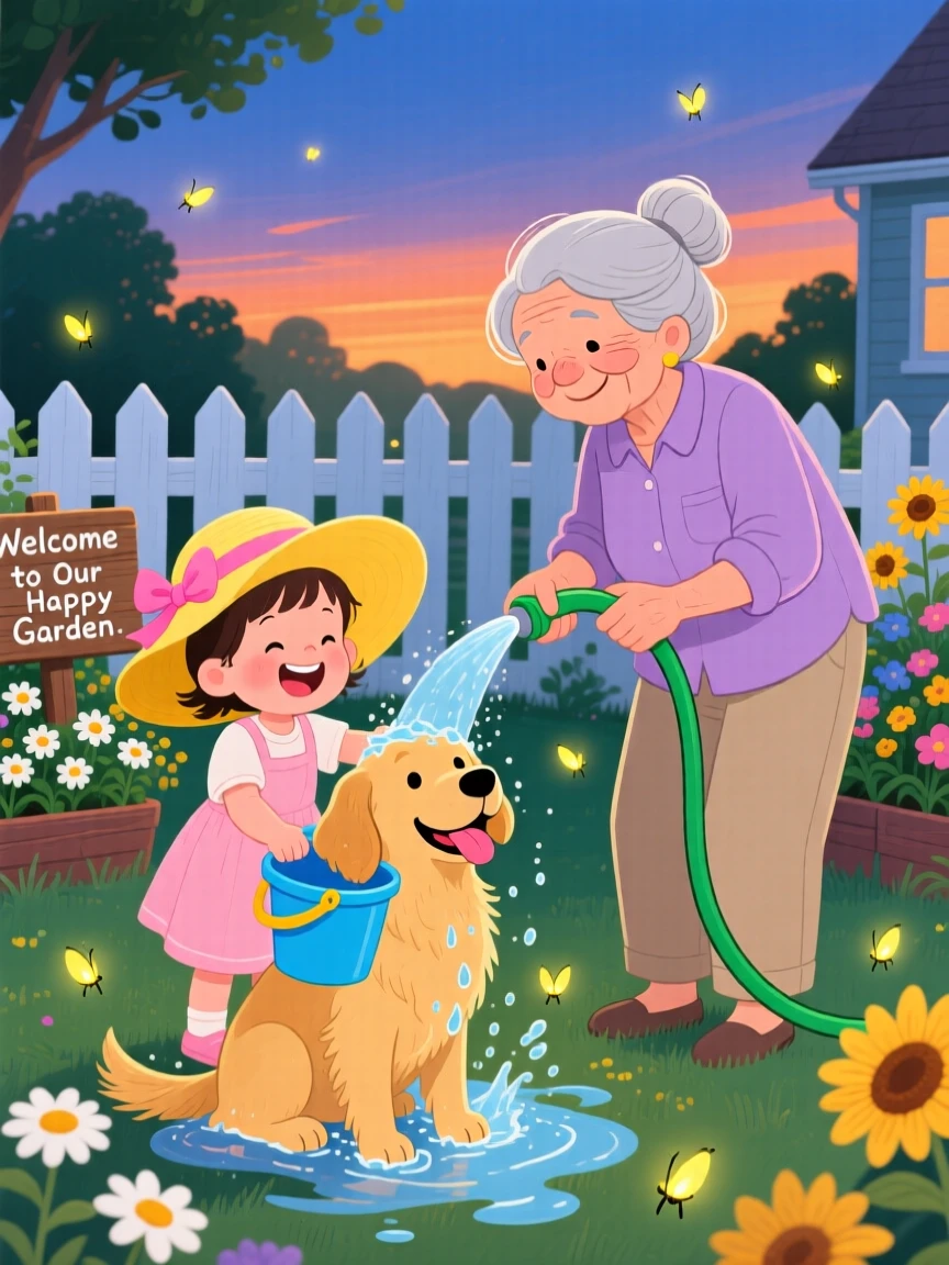 A toddler in a sunhat laughs while washing a happy dog in the backyard together with her grandmother, as fireflies begin to twinkle.