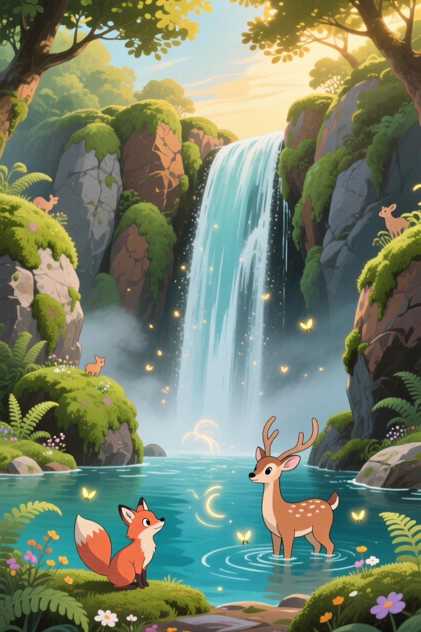 A stunning view of a waterfall cascading down moss-covered cliffs into a pool below, framed between two rocky outcrops.