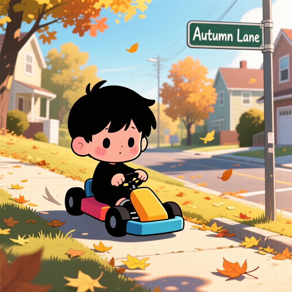 In a sunny suburban street, a small boy is pedaling a tiny go-kart down a hill on a crisp autumn afternoon, bathed in bright midday sun, expression full of shy bashfulness. Shot as a silhouette composition.