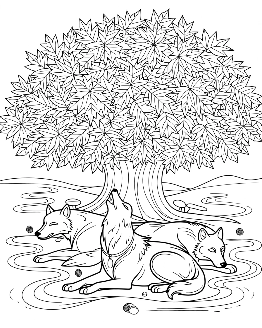 A howling wolf pack resting beneath a canopy of autumn leaves, with mist curling around its paws.