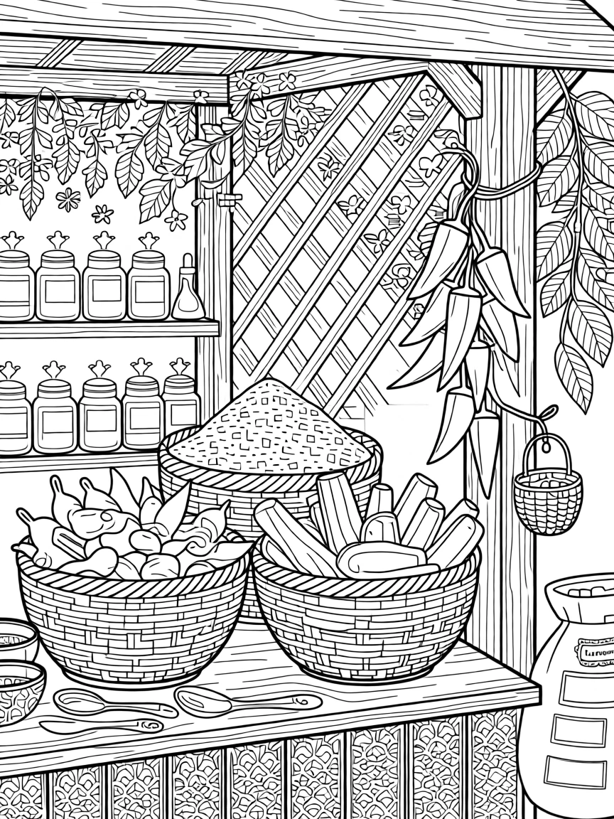 A spice market stall with baskets of turmeric, paprika, and cinnamon.