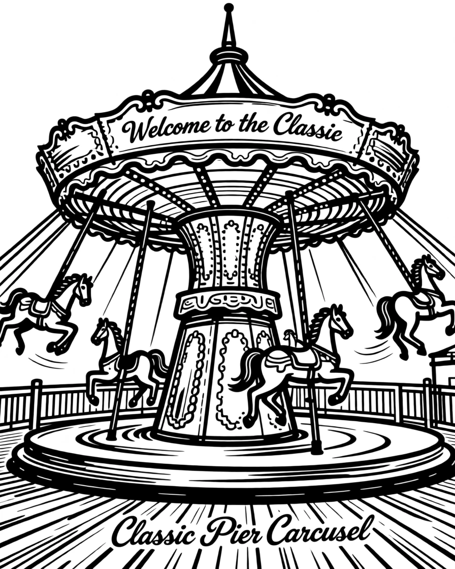 A grand old carousel spinning brightly at a classic amusement pier.