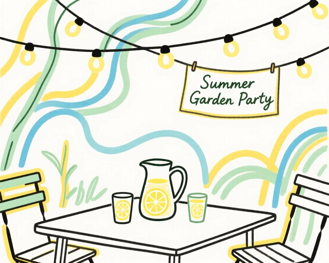 A summer garden party with string lights and a table of lemonade.